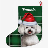 Bichon Frise Dog Holiday Green Plaid Dog's Name Grote Kerstsok (Achterkant)