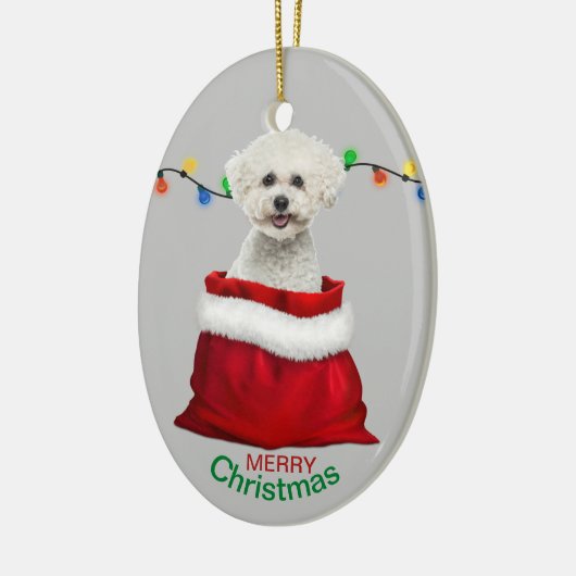 Bichon Frise Dog in Gift Bag Kerstmis Keramisch Ornament (Links)