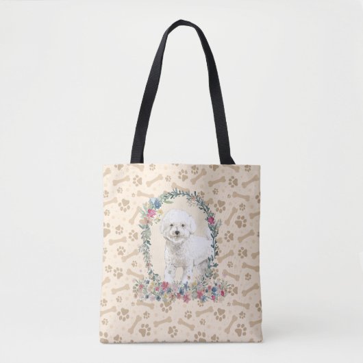 Bichon Frise Dog Paw Print & Dog Bone Cute Tote Bag (Voorkant)