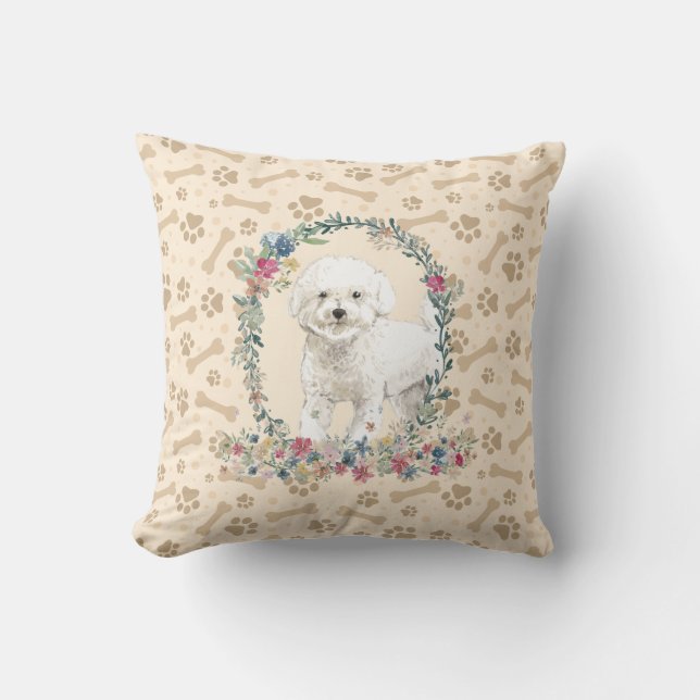 Bichon Frise Dog Paw Print & Floral Cute Kussen (Voorkant)