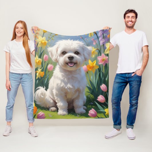 Bichon Frise Dog Spring Flowers Painting Fleece Deken (In situ)