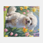 Bichon Frise Dog Spring Flowers Painting Fleece Deken (Voorkant (Horizontaal))