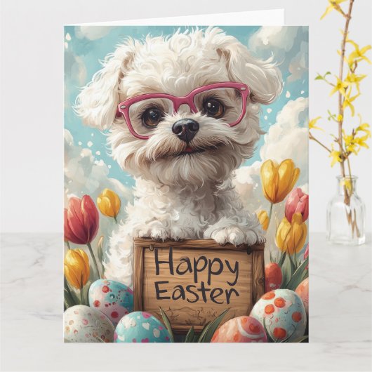 Bichon Frise Easter Eggs Kaart (Gele Bloem)