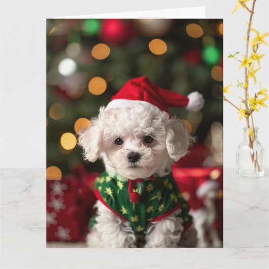 Bichon Frise Elf Puppy Christmas Kaart (Gele Bloem)
