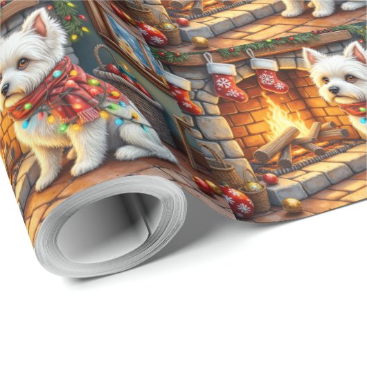 Bichon Frise Fireplace with Christmas Lights Cadeaupapier (Rol Hoek)