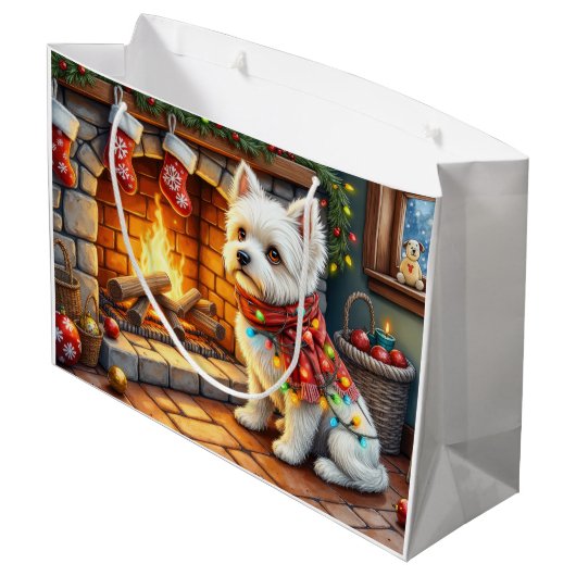 Bichon Frise Fireplace with Christmas Lights Groot Cadeauzakje (Achterkant Gekanteld)