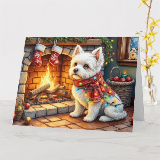 Bichon Frise Fireplace with Christmas Lights Kaart (Gele Bloem)