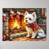 Bichon Frise Fireplace with Christmas Lights Poster (Voorkant)