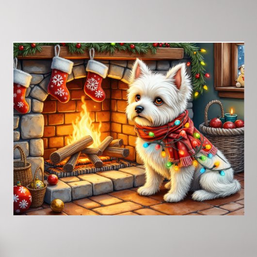 Bichon Frise Fireplace with Christmas Lights Poster (Voorkant)