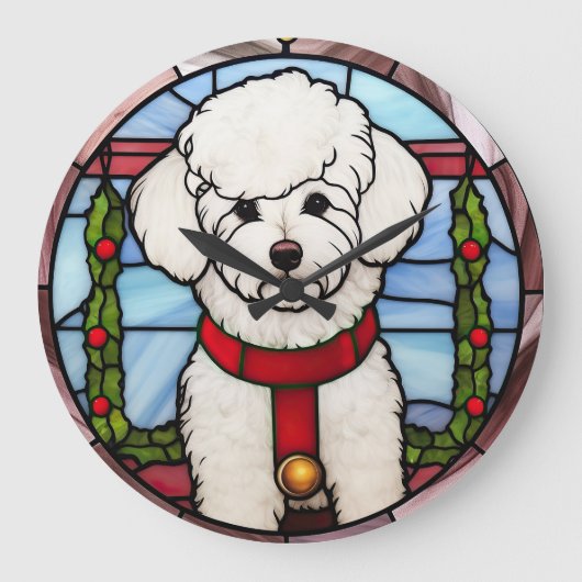 Bichon Frise Gebrandschilderd Glas Kerstmis Grote Klok (Voorkant)
