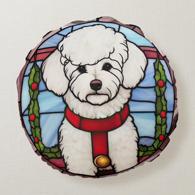 Bichon Frise Gebrandschilderd Glas Kerstmis Rond Kussen (Achterkant)