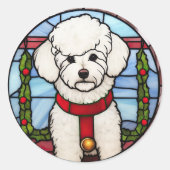 Bichon Frise Glas in lood Kerst Ronde Sticker (Voorkant)
