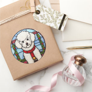 Bichon Frise Glas in lood Kerst Ronde Sticker