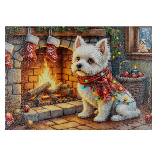 Bichon Frise Haard met Kerstverlichting Snijplank (Voorkant)