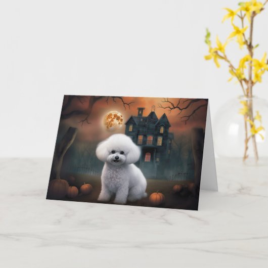 Bichon Frise Halloween Griezelen Kaart (Gele Bloem)