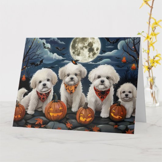 Bichon Frise Halloween Spooky Kaart (Gele Bloem)