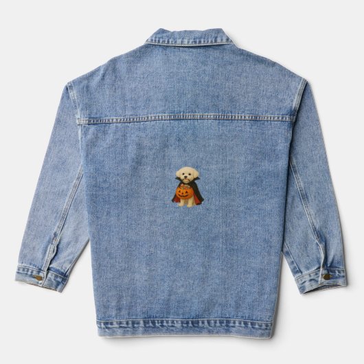 Bichon Frisé Halloween Vampire Pup met Pumpkin Ba Denim Jacket (Achterkant)