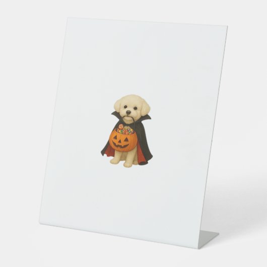 Bichon Frisé Halloween Vampire Pup met Pumpkin Ba Reclamebord Met Voetstuk (Voorkant)