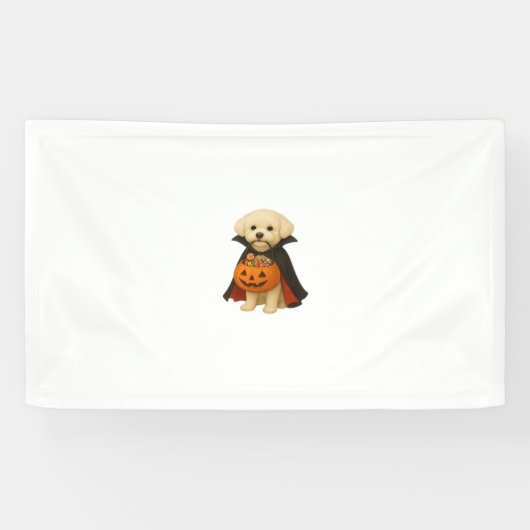 Bichon Frisé Halloween Vampire Pup met Pumpkin Ba Spandoek (Horizontaal)