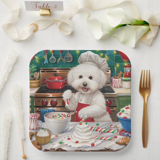 Bichon Frise Holiday Baking: Feestelijke Kerst Papieren Bordje (Huwelijk)