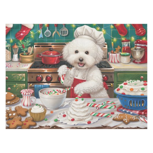 Bichon Frise Holiday Baking: Feestelijke Kerst Tafelkleed (Voorkant (Horizontaal))
