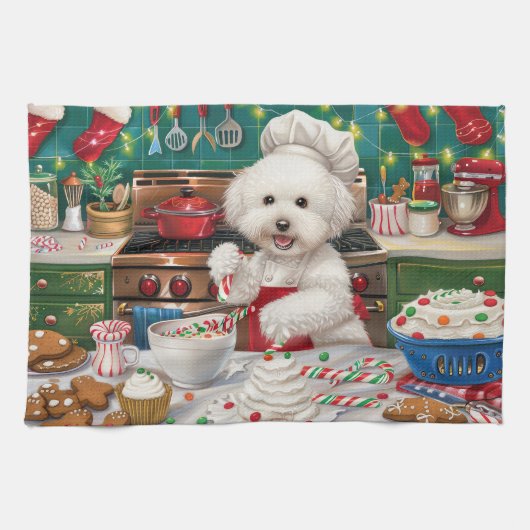 Bichon Frise Holiday Baking: Feestelijke Kerst Theedoek (Horizontaal)