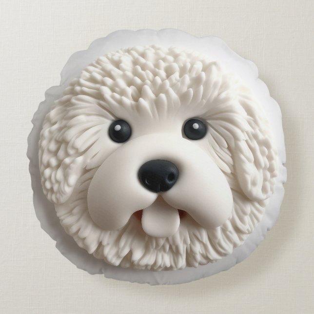 Bichon Frise Hond 3D Geïnspireerd Rond Kussen (Voorkant)