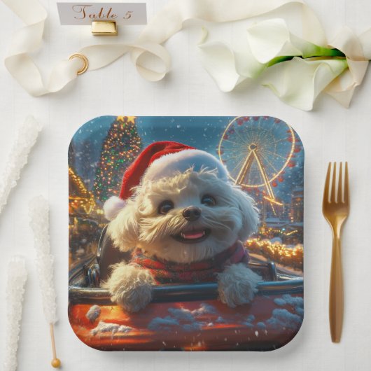 Bichon Frise-hond achtbaan Kerstmis Papieren Bordje (Huwelijk)