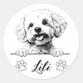 Bichon Frise Hond Hand Tekening Gepersonaliseerd Ronde Sticker (Voorkant)