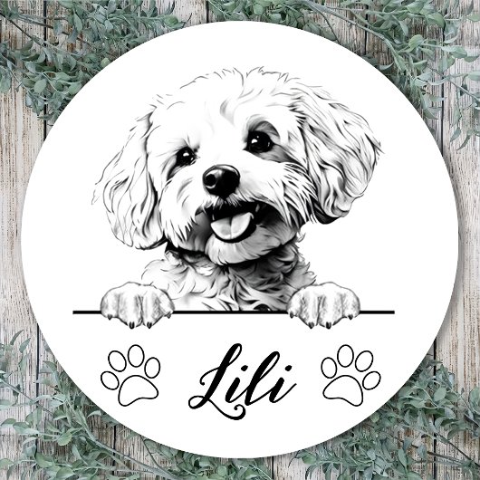 Bichon Frise Hond Hand Tekening Gepersonaliseerd Ronde Sticker