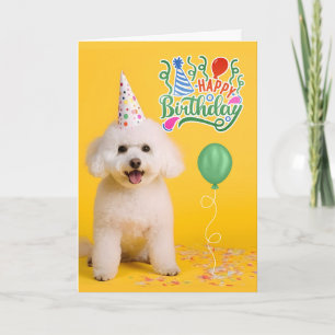 Bichon Frise-hond in feesthoed op gele verjaardag Kaart