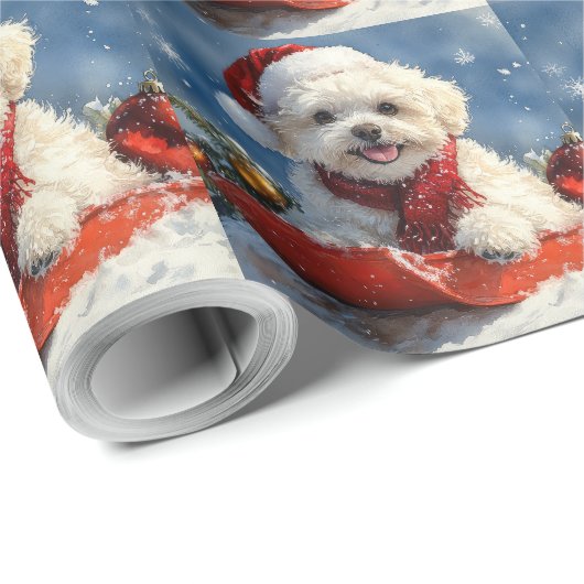 Bichon Frise Hond in Sledge Laat het Sneeuw Kerstm Cadeaupapier (Rol Hoek)