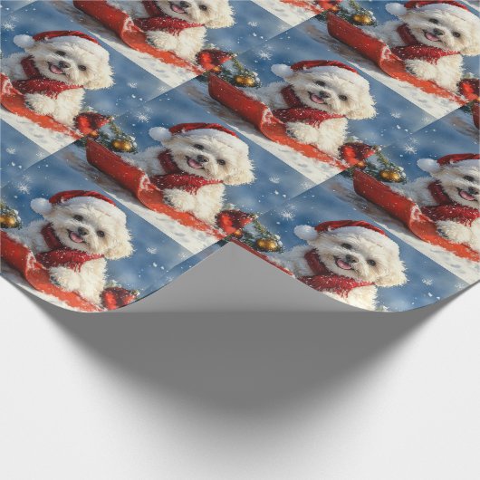 Bichon Frise Hond in Sledge Laat het Sneeuw Kerstm Cadeaupapier (Hoek)