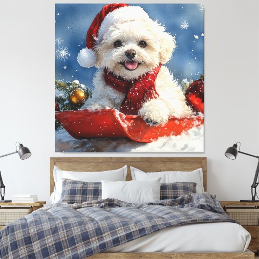Bichon Frise Hond in Sledge Laat het Sneeuw Kerstm Canvas Afdruk (Insitu (Slaapkamer))