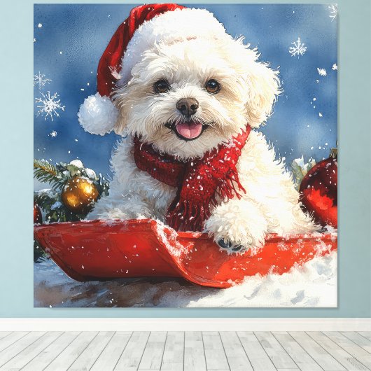 Bichon Frise Hond in Sledge Laat het Sneeuw Kerstm Canvas Afdruk (Insitu (Houten vloer))