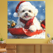 Bichon Frise Hond in Sledge Laat het Sneeuw Kerstm Canvas Afdruk (Insitu (Woonkamer))