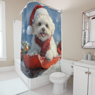 Bichon Frise Hond in Sledge Laat het Sneeuw Kerstm Douchegordijn