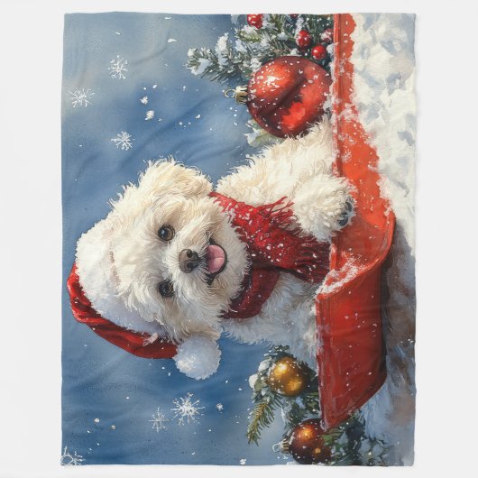 Bichon Frise Hond in Sledge Laat het Sneeuw Kerstm Fleece Deken (Voorkant)