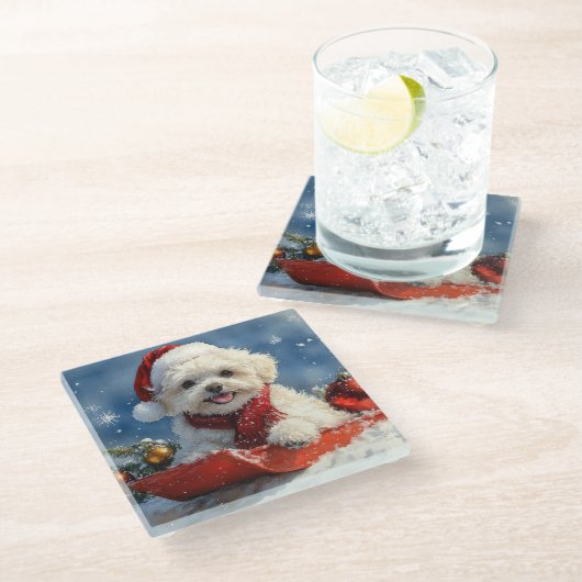 Bichon Frise Hond in Sledge Laat het Sneeuw Kerstm Glazen Onderzetter (Schuin)