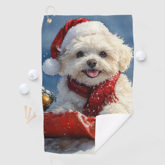 Bichon Frise Hond in Sledge Laat het Sneeuw Kerstm Golfhanddoek (Insitu)