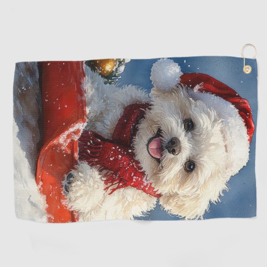Bichon Frise Hond in Sledge Laat het Sneeuw Kerstm Golfhanddoek (Horizontaal)