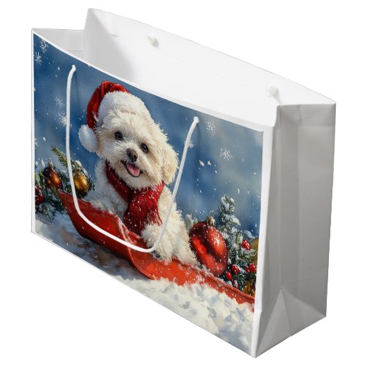 Bichon Frise Hond in Sledge Laat het Sneeuw Kerstm Groot Cadeauzakje (Voorkant Gekanteld)