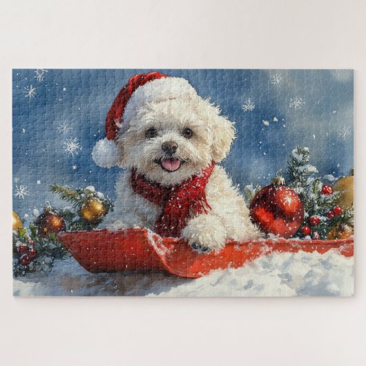 Bichon Frise Hond in Sledge Laat het Sneeuw Kerstm Legpuzzel (Horizontaal)