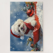 Bichon Frise Hond in Sledge Laat het Sneeuw Kerstm Legpuzzel (Verticaal)