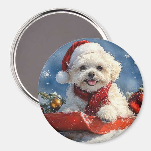 Bichon Frise Hond in Sledge Laat het Sneeuw Kerstm Magneet (Voorkant / Achterkant)