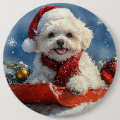Bichon Frise Hond in Sledge Laat het Sneeuw Kerstm Ronde Button 6,0 Cm (Voorkant)