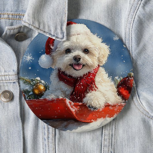 Bichon Frise Hond in Sledge Laat het Sneeuw Kerstm Ronde Button 6,0 Cm (In situ)