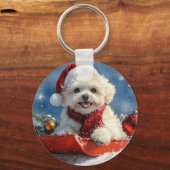 Bichon Frise Hond in Sledge Laat het Sneeuw Kerstm Sleutelhanger (Voorkant)