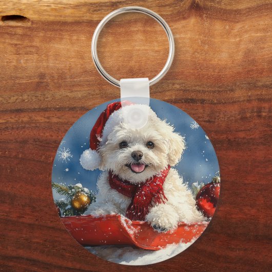 Bichon Frise Hond in Sledge Laat het Sneeuw Kerstm Sleutelhanger (Voorkant)
