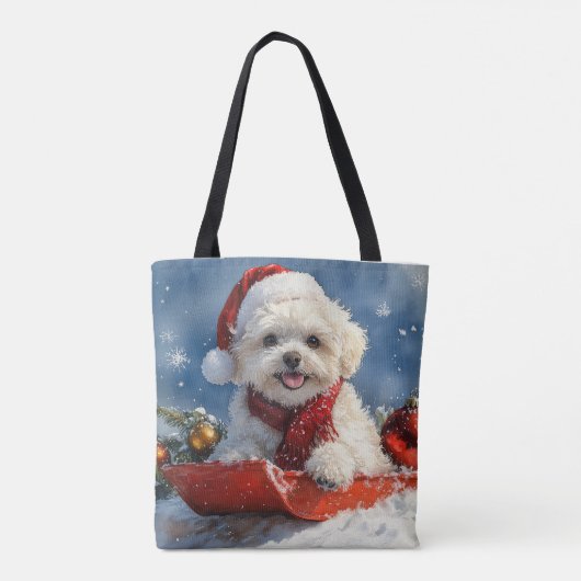 Bichon Frise Hond in Sledge Laat het Sneeuw Kerstm Tote Bag (Achterkant)